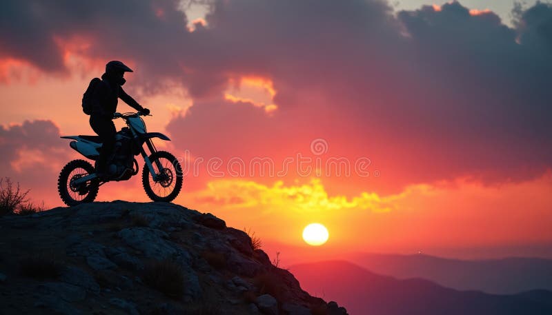 Man rider smutscykel på höghögtstående bergsberg vid solnedgången. Begreppet företagsfrihet. Motocykliskt silhuett mot royaltyfri illustrationer