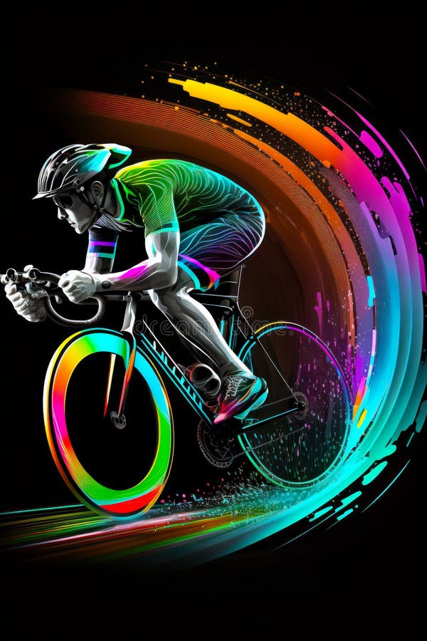 Man riding bike down street next to rainbow colored circle. Generative AI.