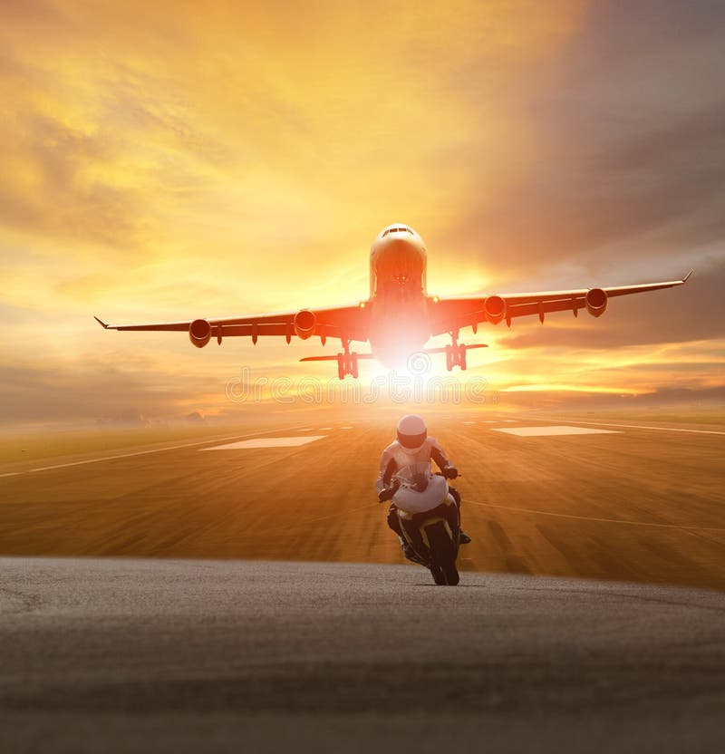 Man riding motorcycle on road and plane take off from airport ru