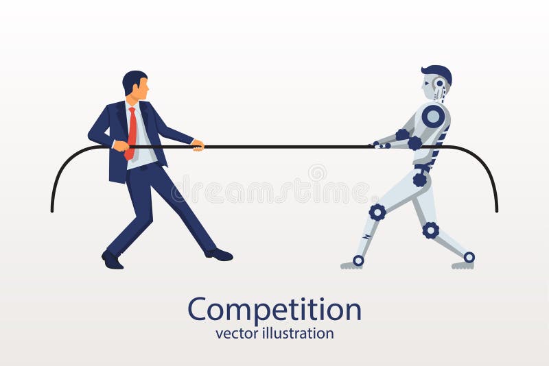 Man with the robot is competing. vector illustration