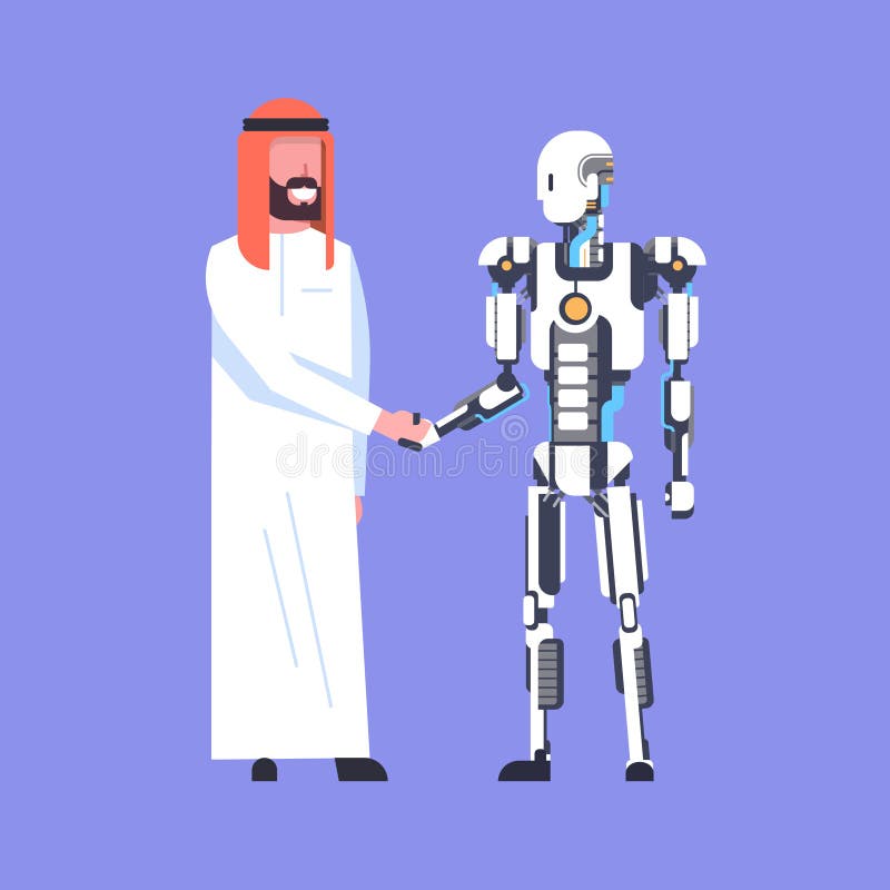 Man And Robot Handshake, Arab Businessman Shaking Hands With Modern Robotic, Artificial Intelligence Concept stock illustration
