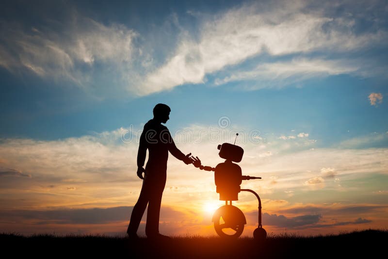 Man and robot meet and handshake. Concept of the future interaction with artificial intelligence stock photo