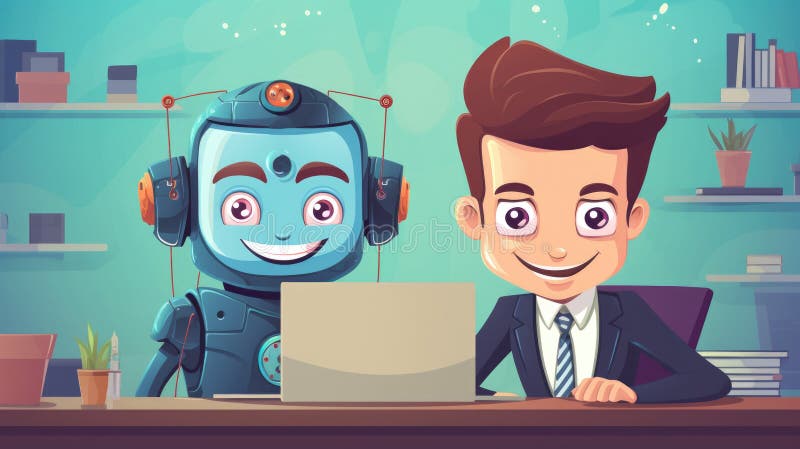 Man and robot smiling while working together on a laptop in office royalty free illustration