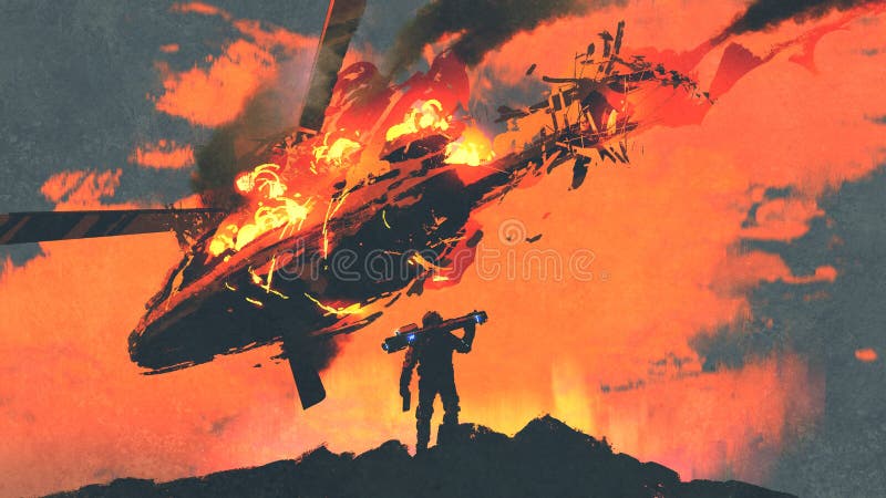 Om cu lansator de rachete în căutarea ardere elicopter care se încadrează vector illustration
