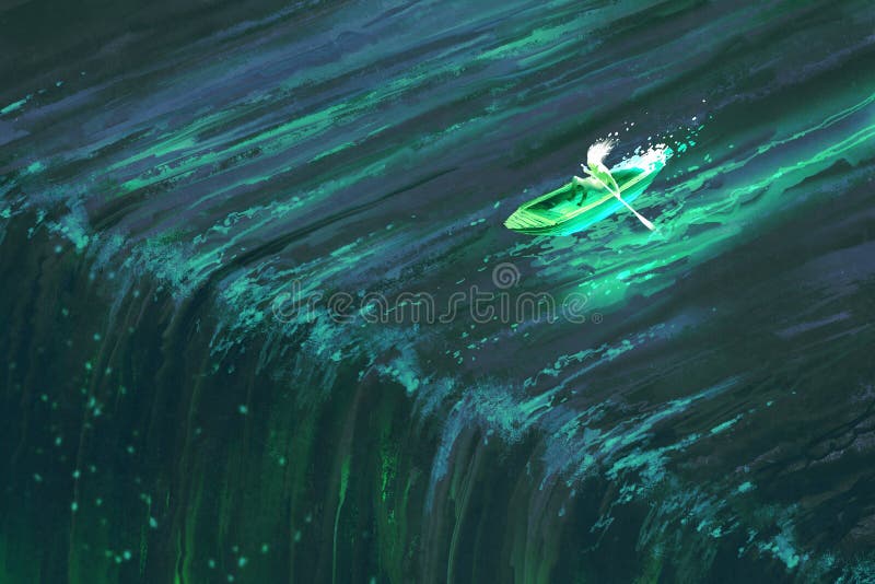 Man rowing in glowing green boat near edge of waterfall