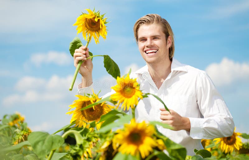 Man running in flower field