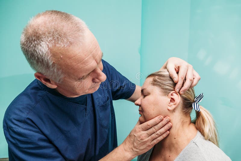 Man S Ear with Needles Closeup Acupuncture Concept Stock Photo Image