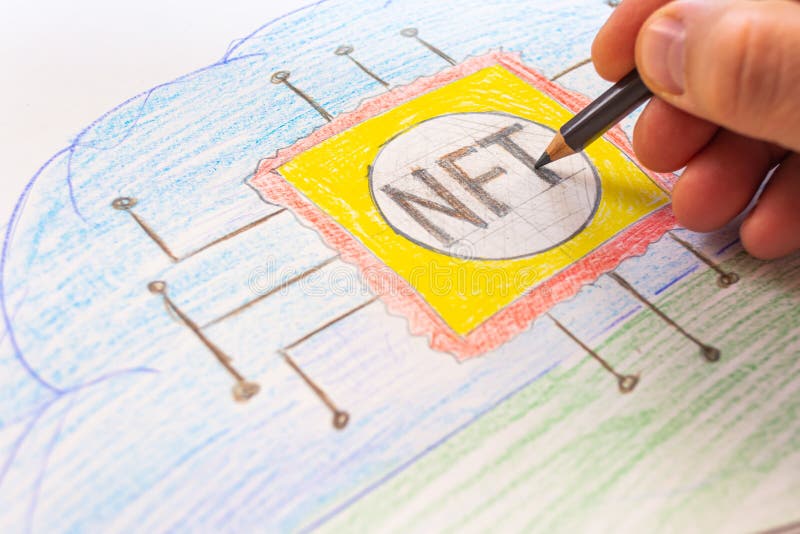 Man`s hand draws with colored pencil visual technology concept of selling unique collectibles. Crypto art concept. NFT Non