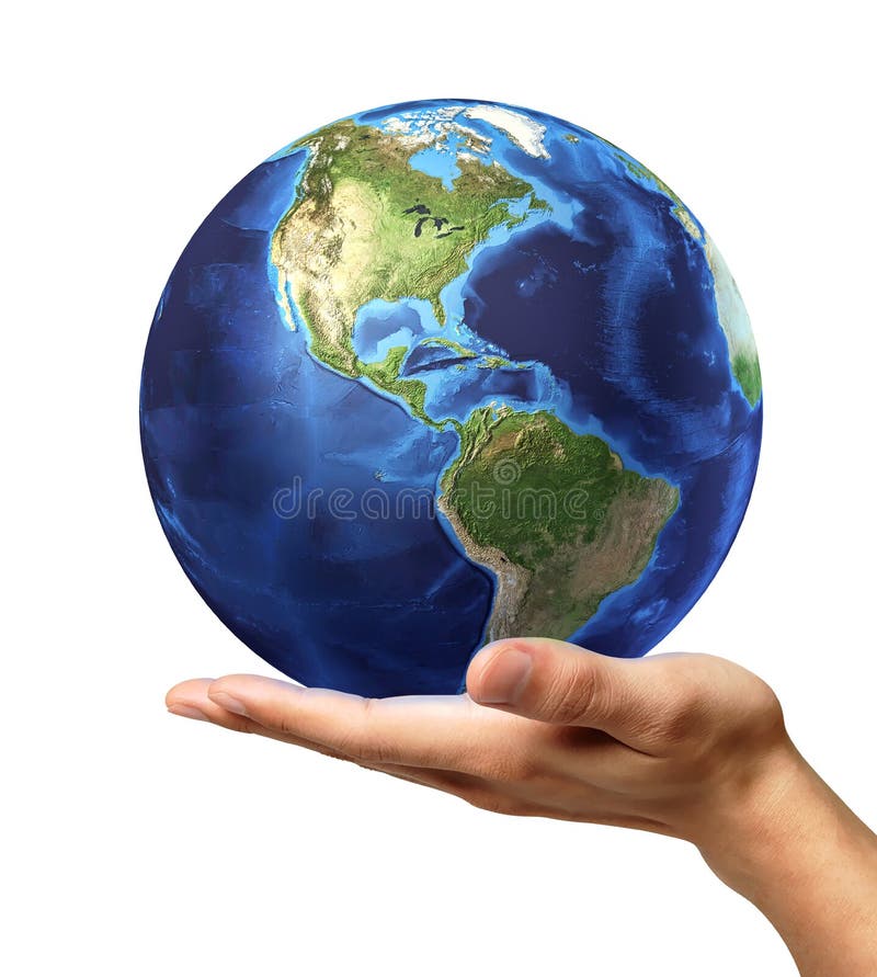 Man s hand with earth globe on it. On white background