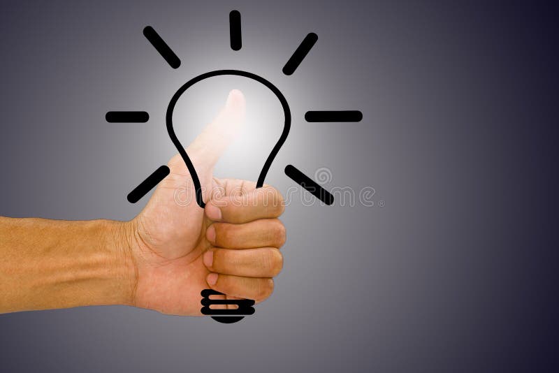 Man`s hand with gesture like and holding light bulb