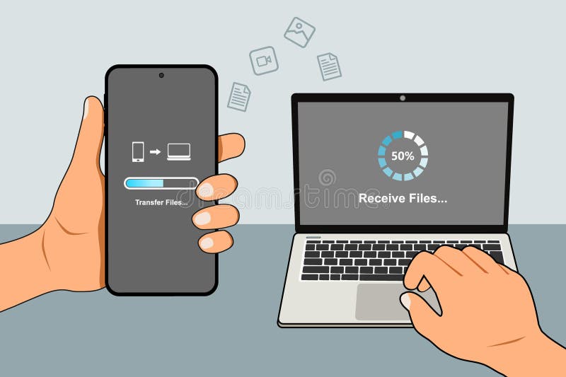 A man\'s hand holding a mobile phone to transfer files from mobile phone to laptop. vector illustration