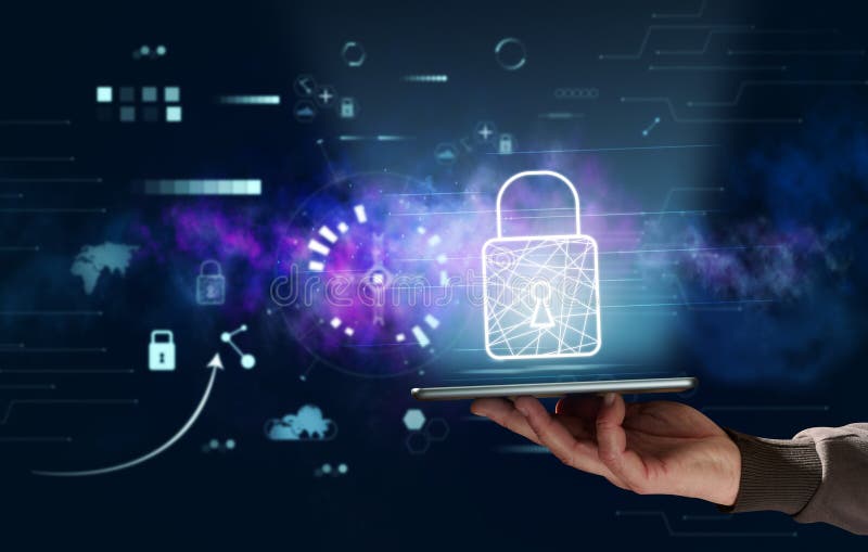 Man's hand holding smartphone, lock icon above it, concept of personal data protection stock image