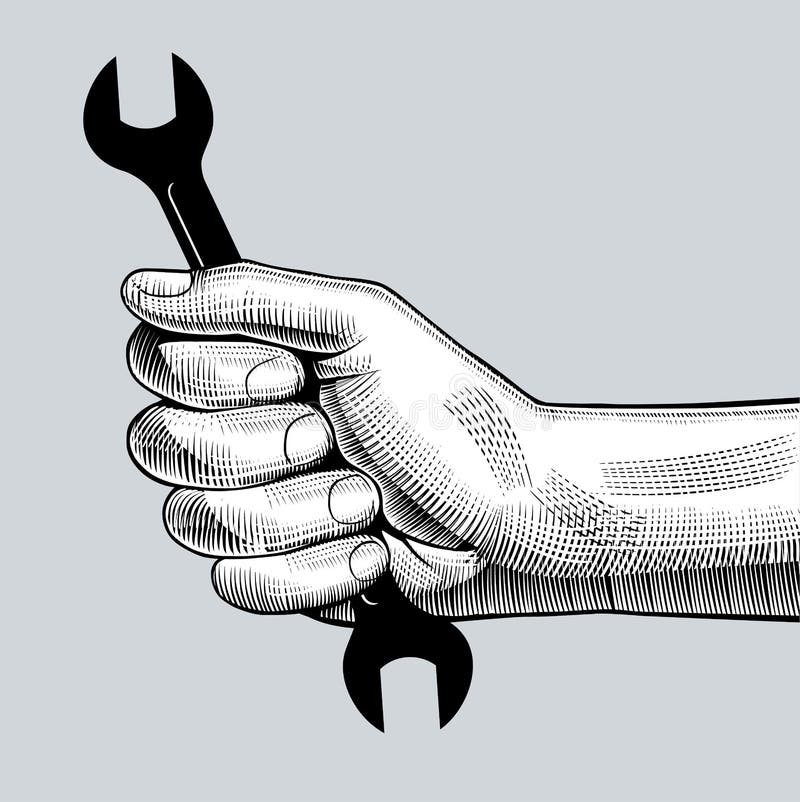 Man`s hand holding wrench