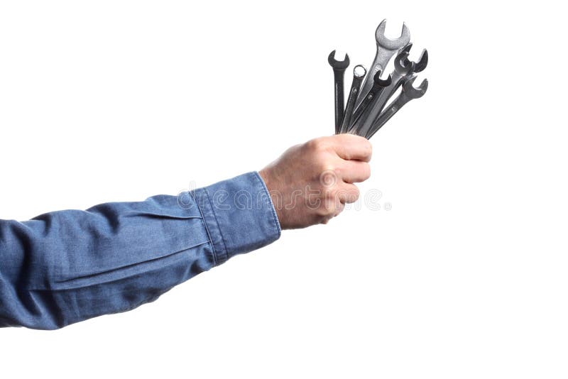 Man`s hand holding a wrench on white background with clipping path and copy space