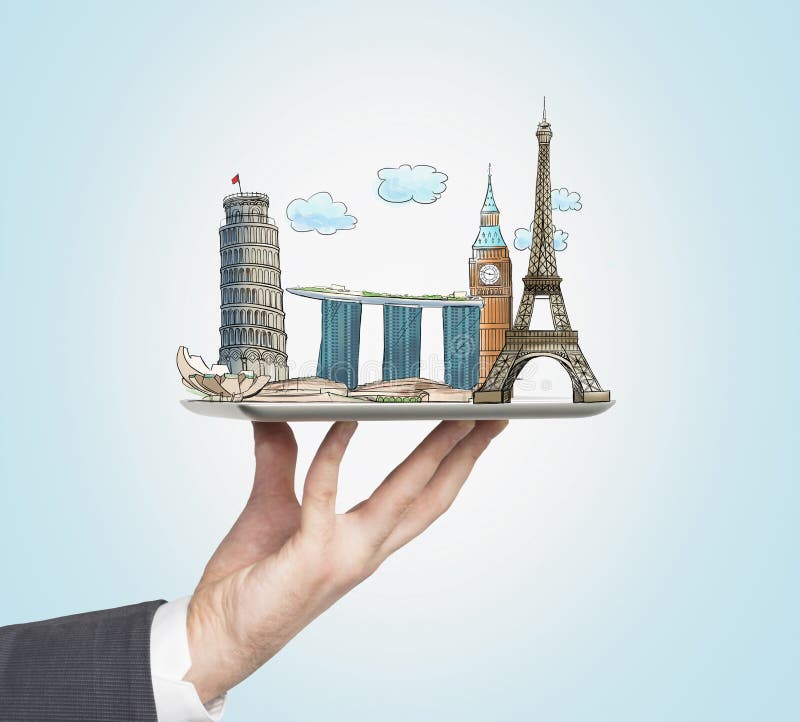 A man's hand holds a tablet with sketches of the most famous places in Italy, Great Britain, France and Singapore. The concept of royalty free illustration A man's hand holds a tablet with sketches of the most famous places in Italy, Great Britain, France and Singapore. The concept of royalty free illustration