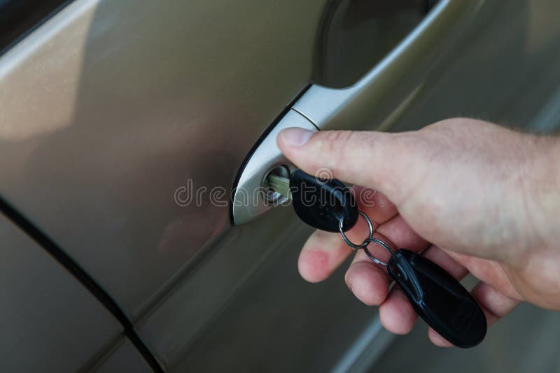 Man S Hand Opens the Car Door with a Key Stock Image Image of closeup
