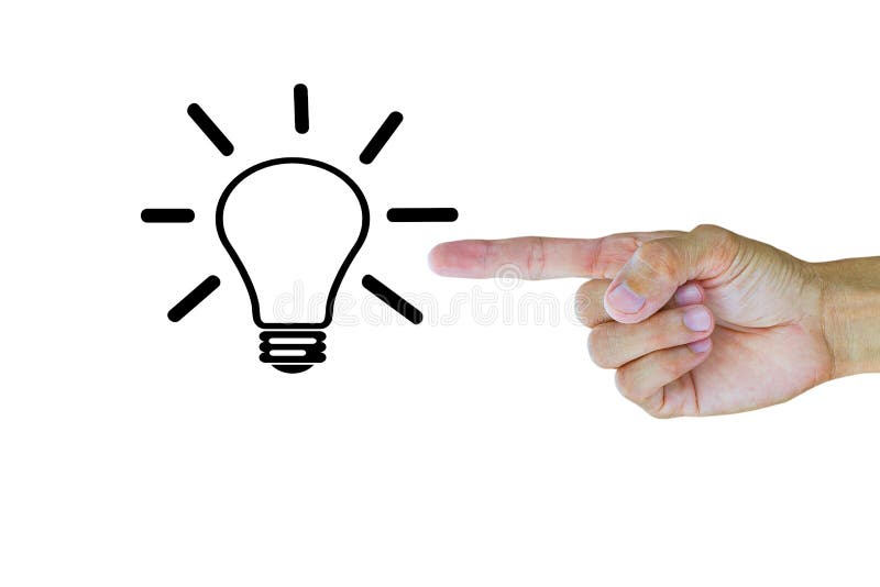 Man`s hand pointing to light bulb on white background