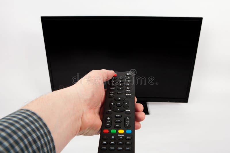 Hand Using a Remote Control To Turn Off the TV with an OFF Text Stock