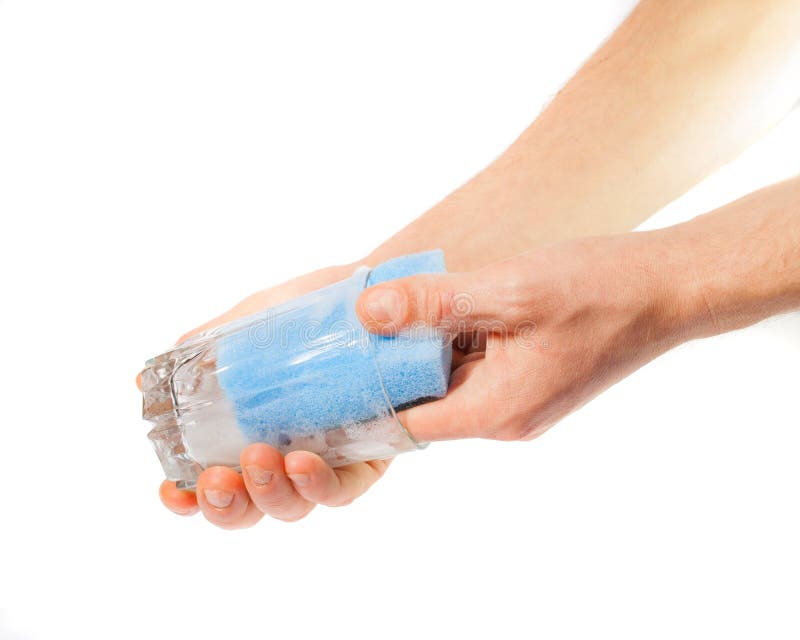 Man's Hands Washing Dishes. On A White Background Stock Photo Image