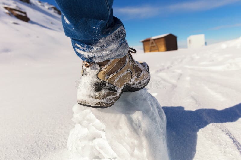 A Foot in Deep Snow in a Beautiful Mountain Landscape High Up in the ...