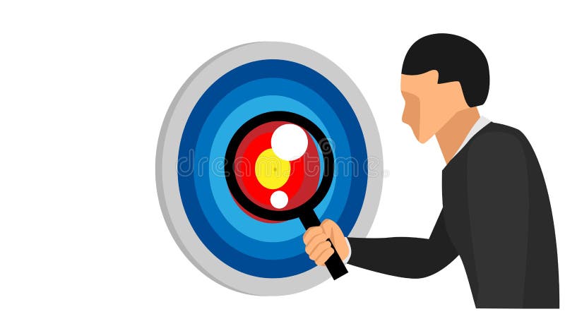 A man`s right hand holding a lens loop is looking at the desired target point. the character teaches seeing the middle target wit vector illustration A man`s right hand holding a lens loop is looking at the desired target point. the character teaches seeing the middle target wit vector illustration