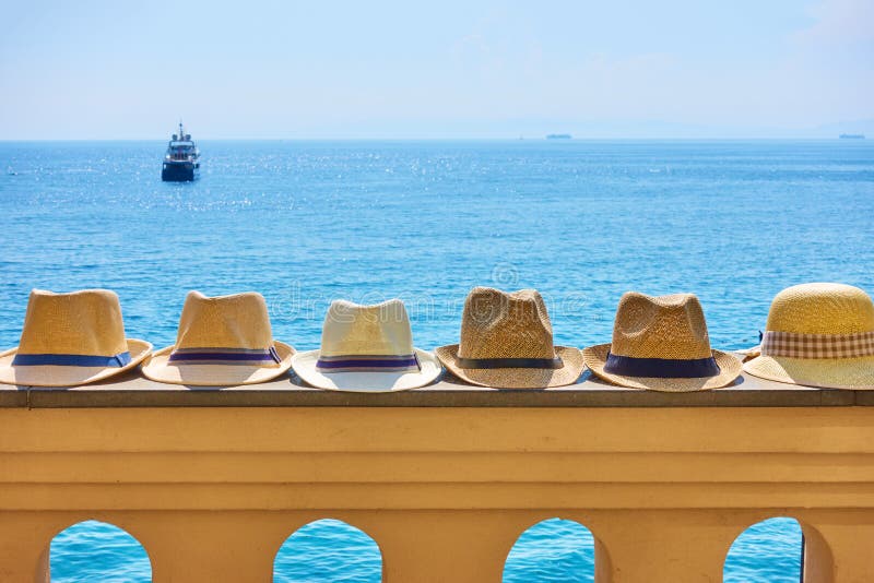 Man`s straw sun hats stock photos