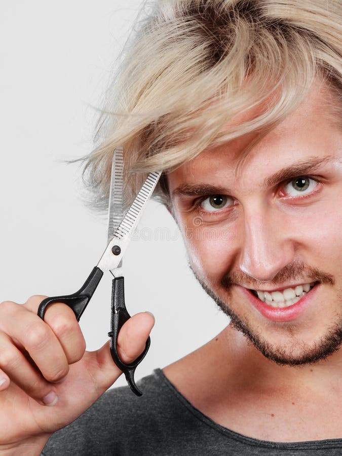 Man with Scissors Texturizing or Thinning Shears Stock Image Image of