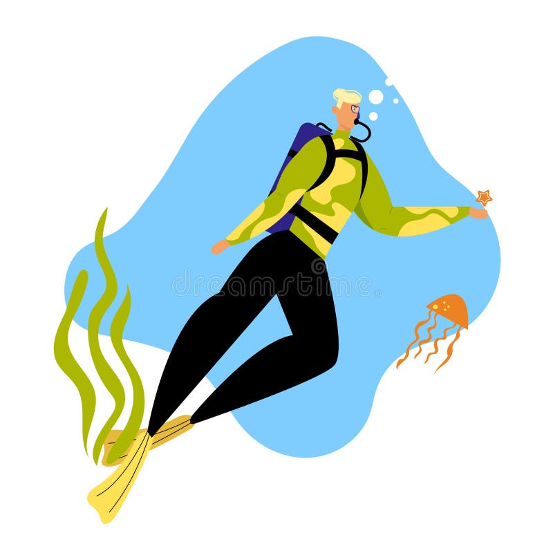 Man Scuba Diver in Swimming Suit Playing with Starfish and Jellyfish Underwater, Snorkeling Diving Professional иллюстрация штока