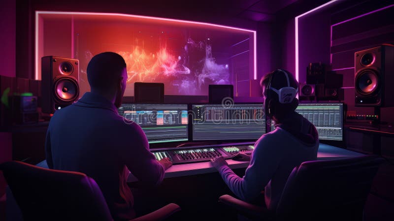 Man at computer in studio, surrounded by musical instruments and technology royalty free illustration