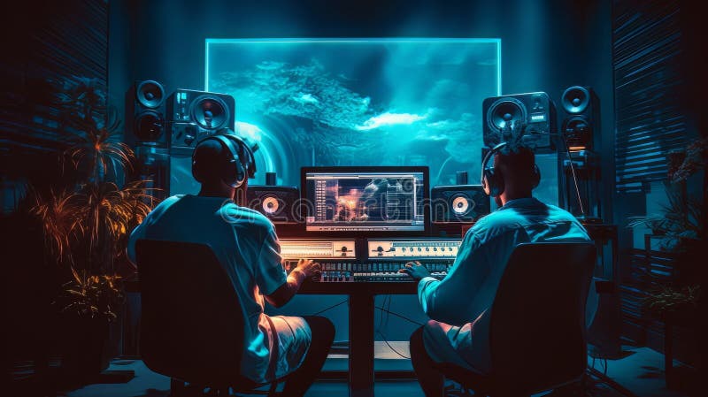 Man at computer in studio, surrounded by musical instruments and technology royalty free illustration