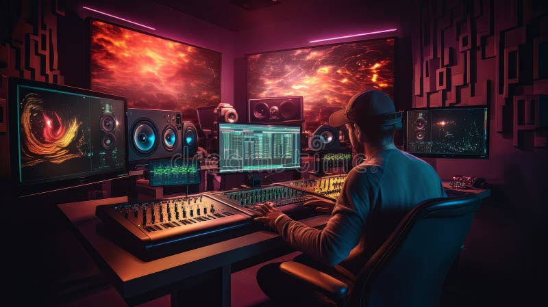 Man at computer in studio, surrounded by musical instruments and technology royalty free illustration