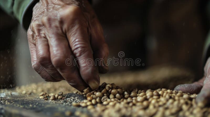 A man is seen creating something with various nuts on a table stock image