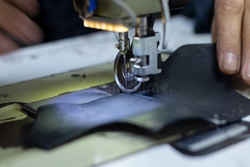 Man Sewing Leather for Making Shoe Stock Photo Image of closeup