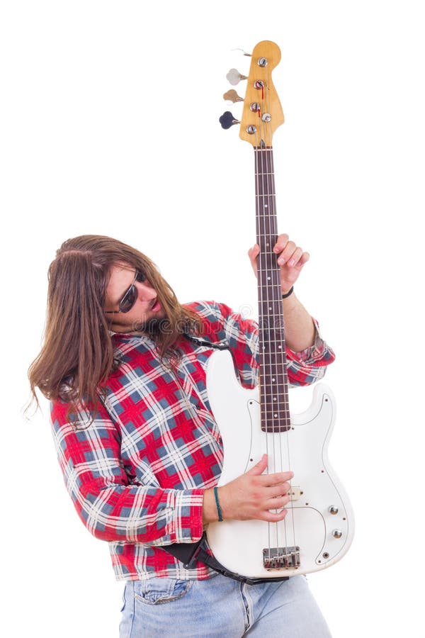 Male Musician with Face Expression Playing Electric Bass Guitar Stock