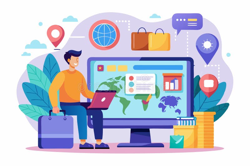 A man shops online using a laptop, exploring global products and services on a vibrant display, Man shopping online worldwide on royalty free illustration