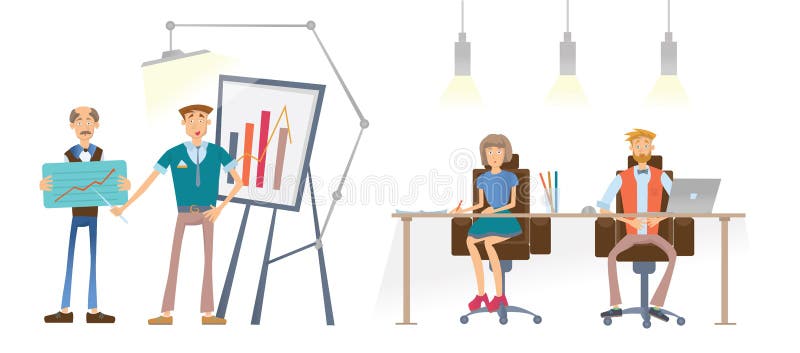 A Man is showing a financial graph. A man and a woman at the table look and listen to the speaker. Business presentation vector illustration A Man is showing a financial graph. A man and a woman at the table look and listen to the speaker. Business presentation vector illustration