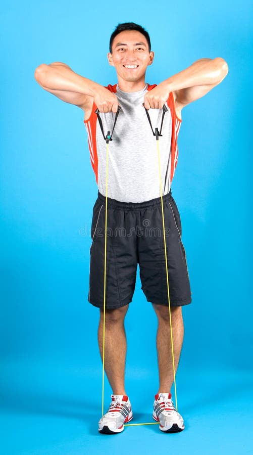 Man showing how to use tubing to strengthen