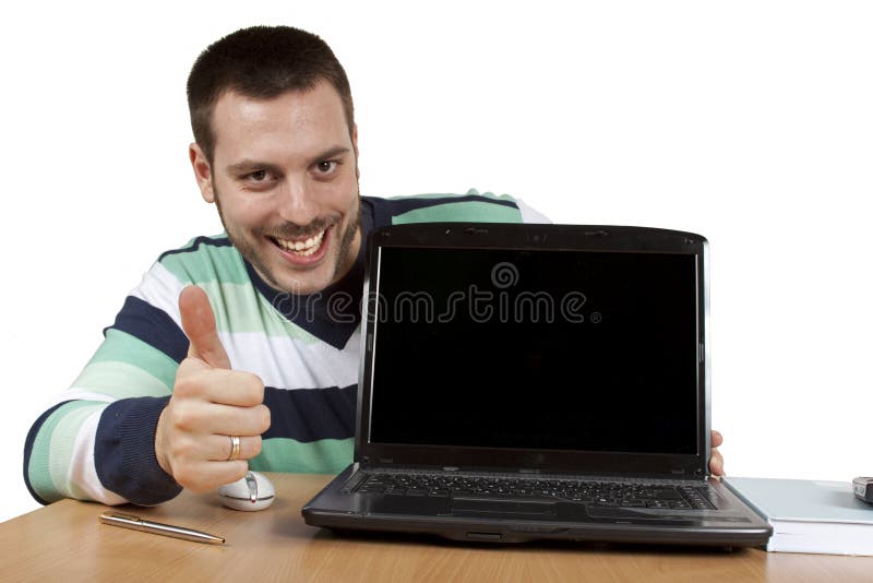 Man showing thumbs up behind the laptop computer