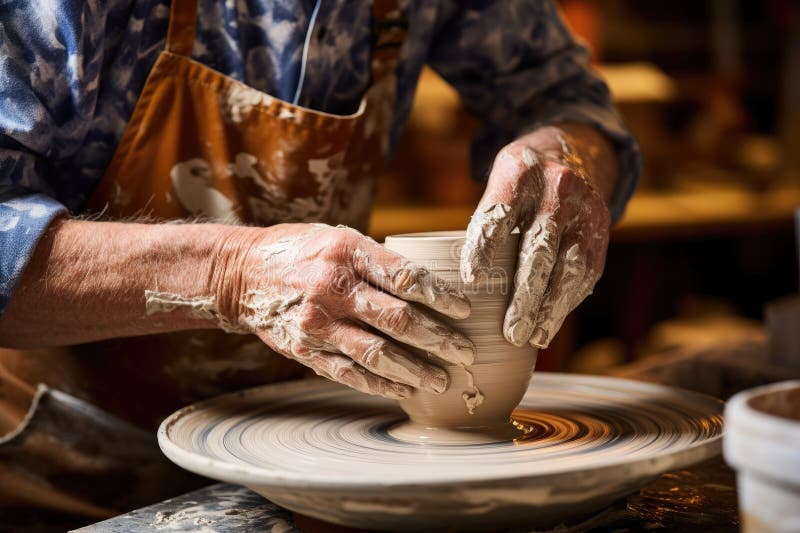 A Man is Shown in the Process of Creating a Vase by Molding Clay Using