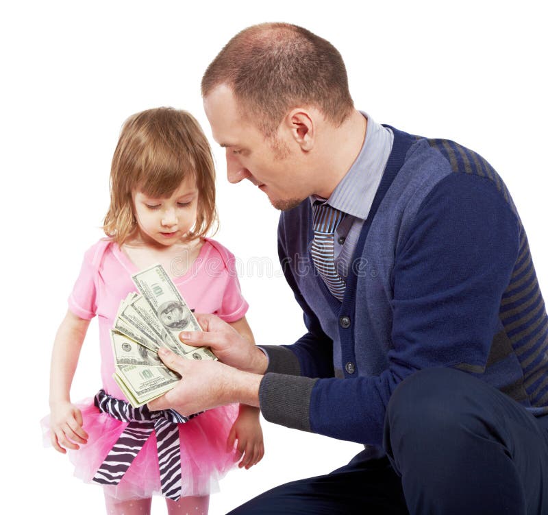 Man shows dollar notes opened as fan to girl