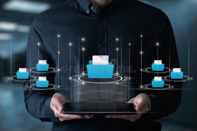 A man shows files on a tablet in a connection structure royalty free stock image