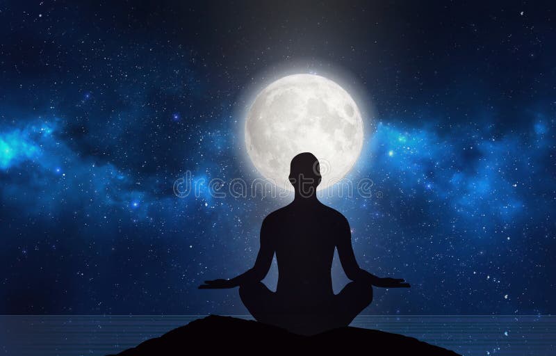 Man silhouette in moonlight, meditation under stars, full moon on night sky