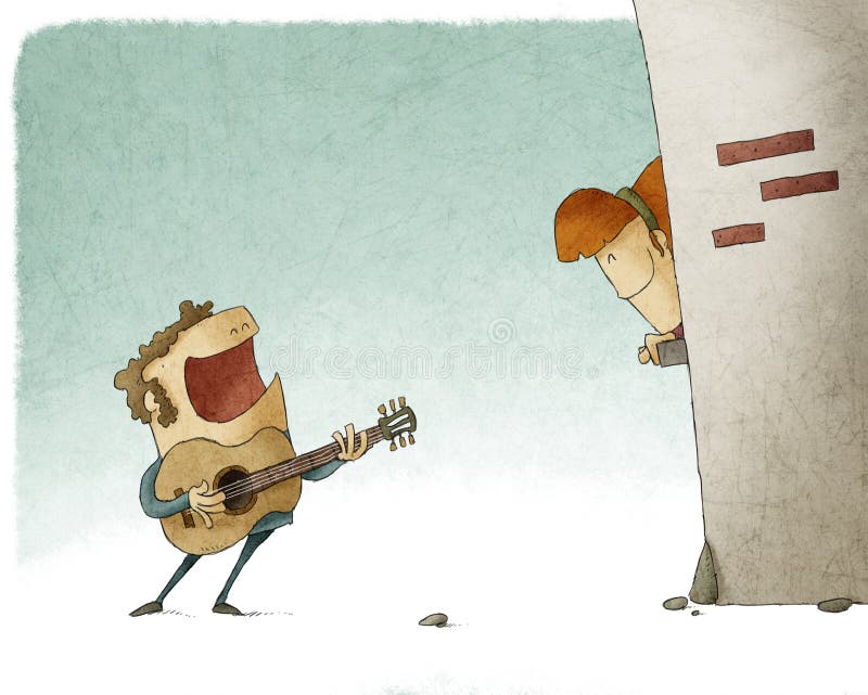 Man singing a song and playing guitar for a woman. Woman singing illustrations