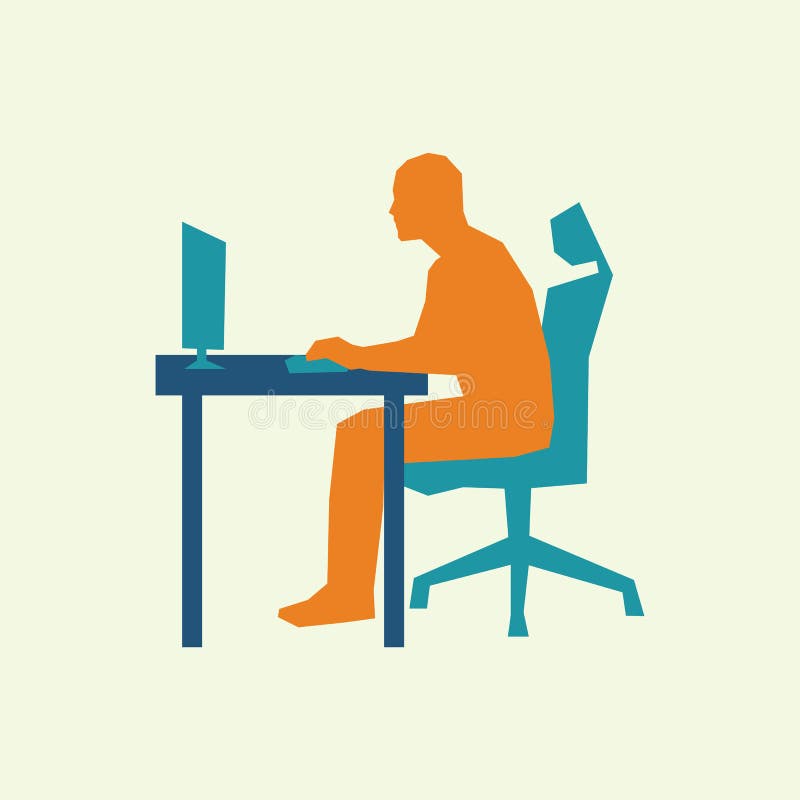Man sits at desk and working at computer stock illustration
