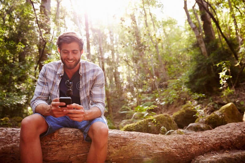 Man Sits On Tree Trunk In Forest Using Mobile Phone