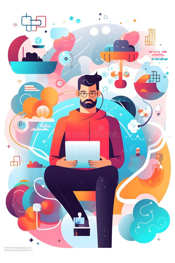 Man sitting on chair with tablet in his hands and lot of colorful objects around him. Generative AI royalty free illustration
