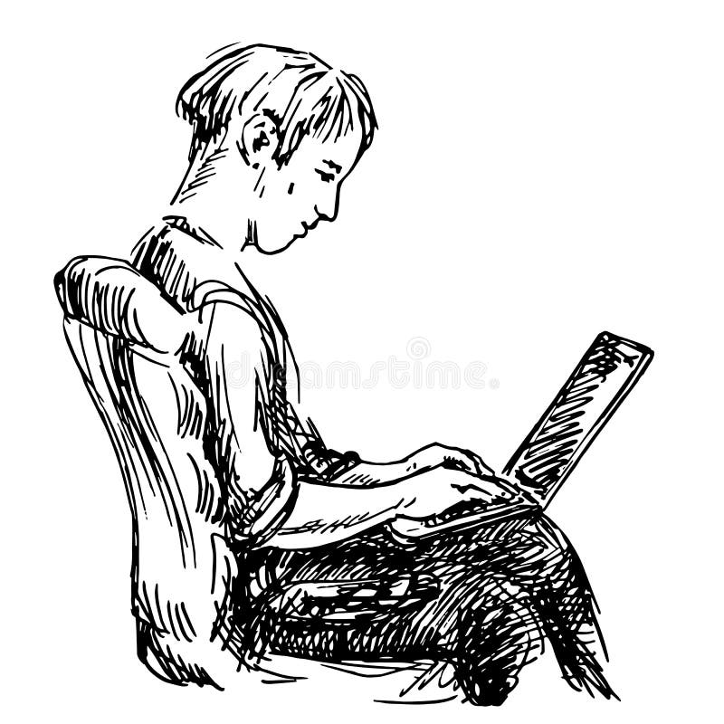 Man sitting on chair and working on computer on knees, hand drawn doodle, sketch, black and white vector royalty free illustration
