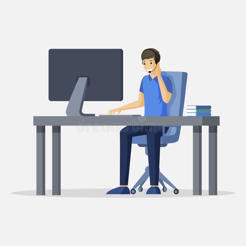 Man sitting at computer vector flat illustration. Support, freelance, virtual office or outsourcing character. stock illustration