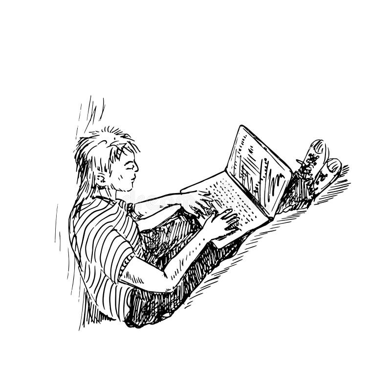 Man sitting on floor and working on computer, top view, hand drawn doodle, sketch, black and white vector stock illustration