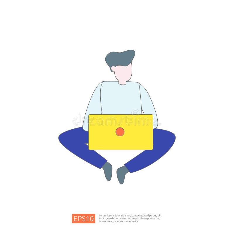Man sitting on the floor working on laptop computer, simple line art illustration of digital nomad, freelancer or remote worker stock illustration